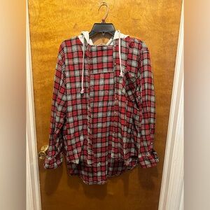Time & tru red, white & black plaid button up hoodie long sleeve top size XL